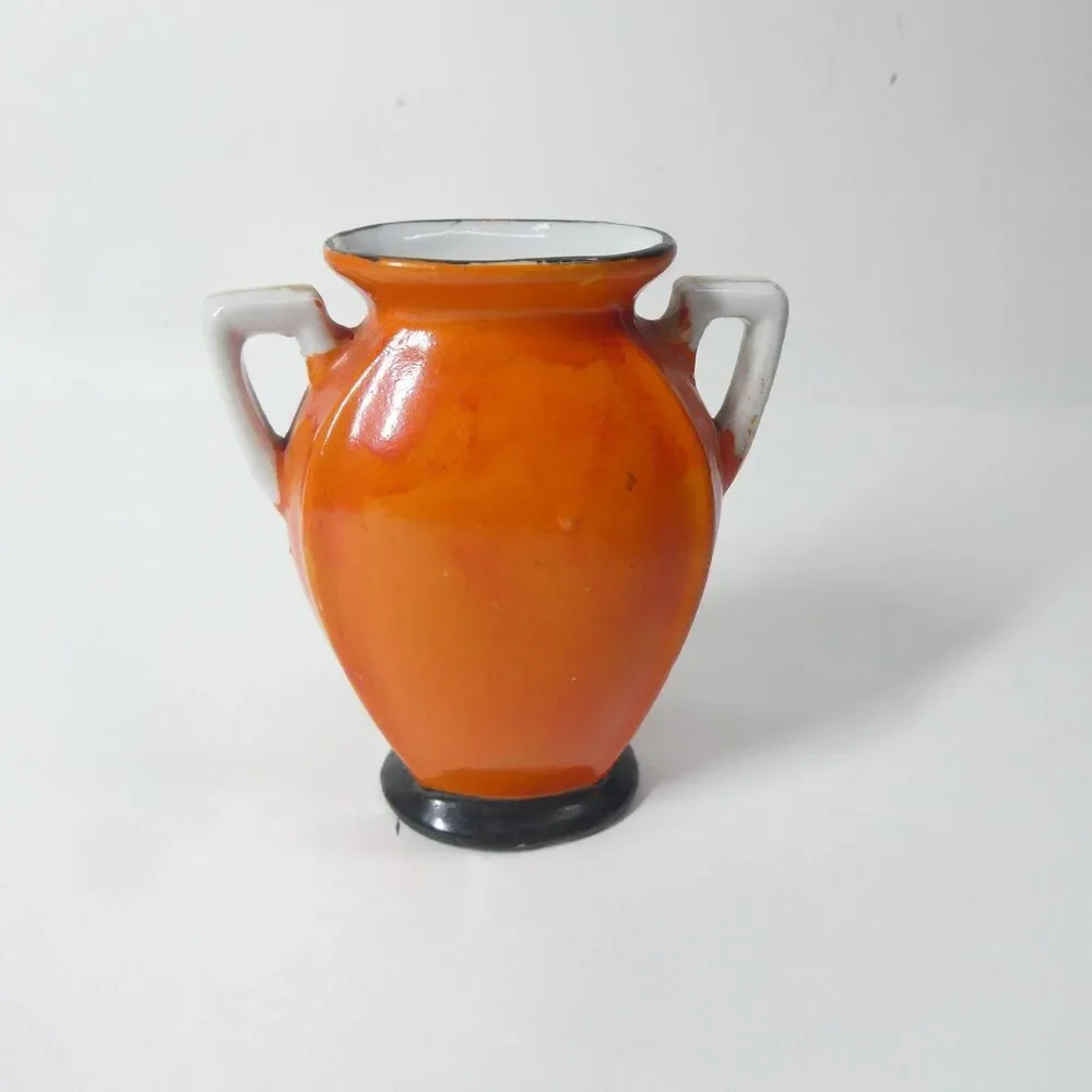 Orange Vase Blue Flowers Art Deco Japan Vintage Porcelain 3.75